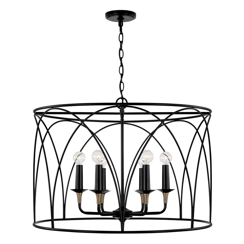 Luminaire suspendu tambour 6 lumières l 28 po x H 20,5 po noir mat avec détails en laiton
