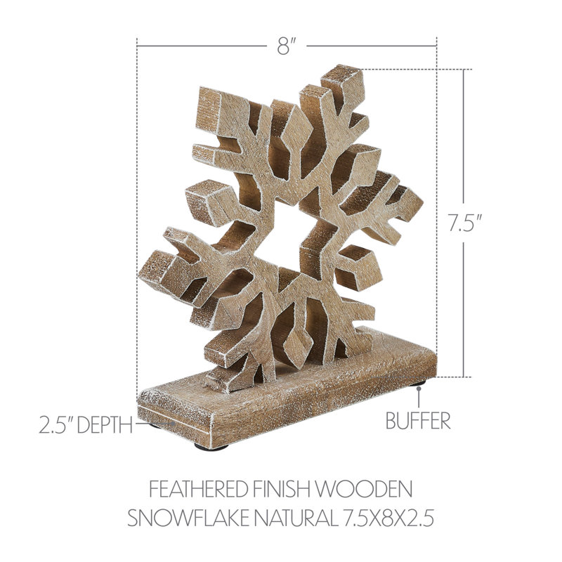 Flocon de neige en bois à plumes naturelles 7,5 x 8 x 2,5