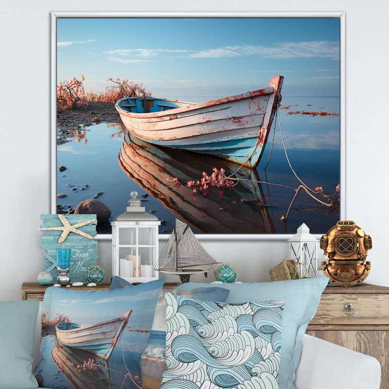 «Blue and White Boat Scenery I», reproduction sur toile, H 24 po x l 32 po, Cadre flottant blanc