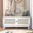 Boho Rattan Entryway Bench With Storage, Cushioned Shoe Bench With Double Doors, Wooden Shoe Organizer Bench For Entryway And Hallway (White+Beige )