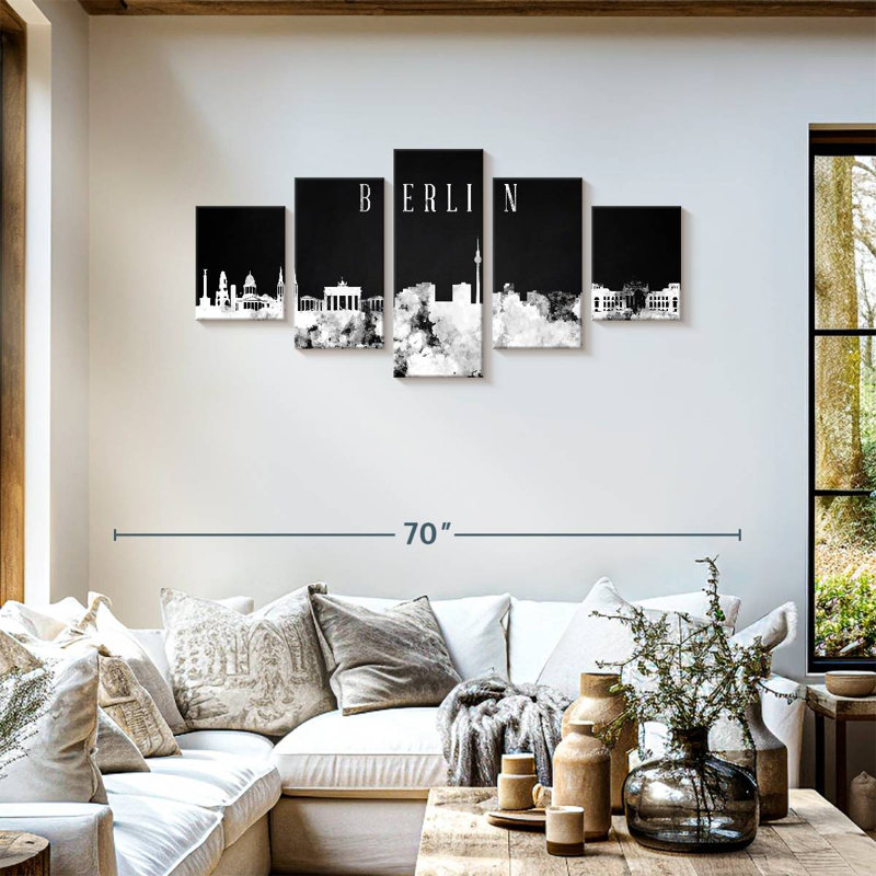 «Berlin City Berlin Skyline BW» par Artful Cityscapes - 5 pièces sur toile tendue, H 24 po x l 55 po x P 1,25 po
