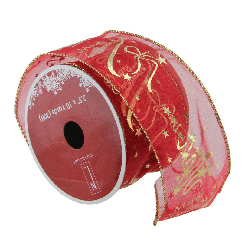 Bobines de ruban canneberge artisanales rouges et dorées Cranberry - 2,5 po x 120 verges