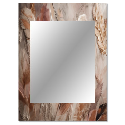 Gold Glamorous Feathers Of Boho Fantasy V - Glam Feather Mirror, Gold Unique Wall Mirror, Printed Metal Art