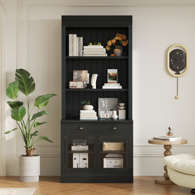 83.4" Tall Modern Bookcase - Glass Door Storage Cabinet with Drawer & Open Shelves for Living Room/Home Office