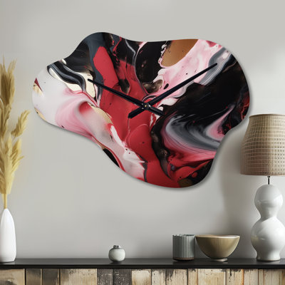 Robitaille Red And Black Ethereal Agate - Marble Asymmetrical Metal Clock, Red Freeform Metal Clock Print