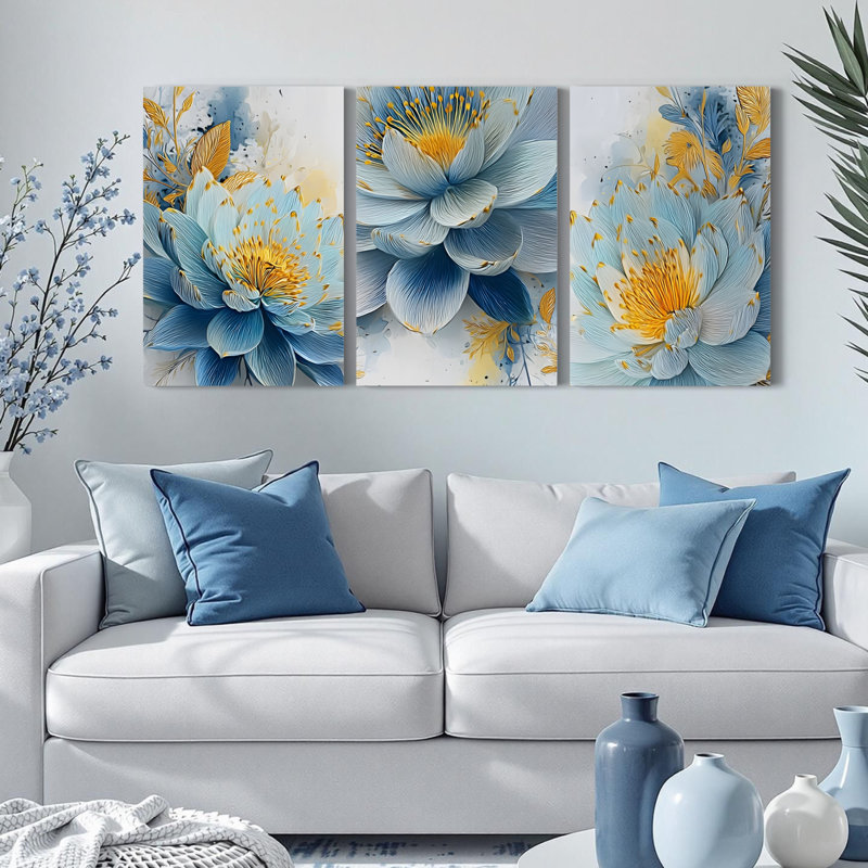3 pièces d'art mural bleu et jaune sur toile de lotus, H 12 po x l 24 po
