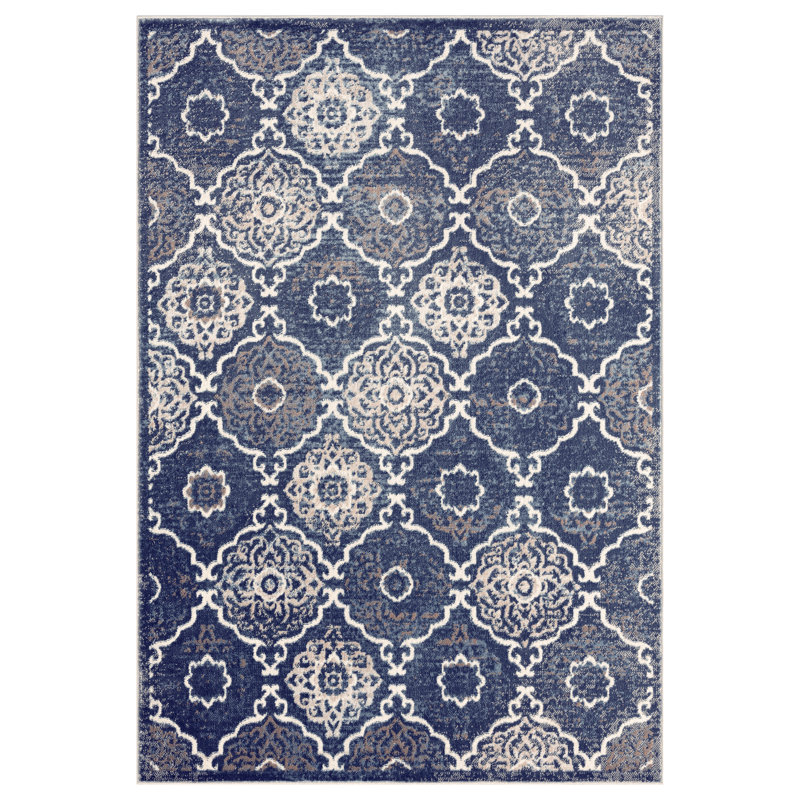 Tapis bleu marine à motif géométrique Montrel, Rectangle 7 pi 10 po x 10 pi 2 po