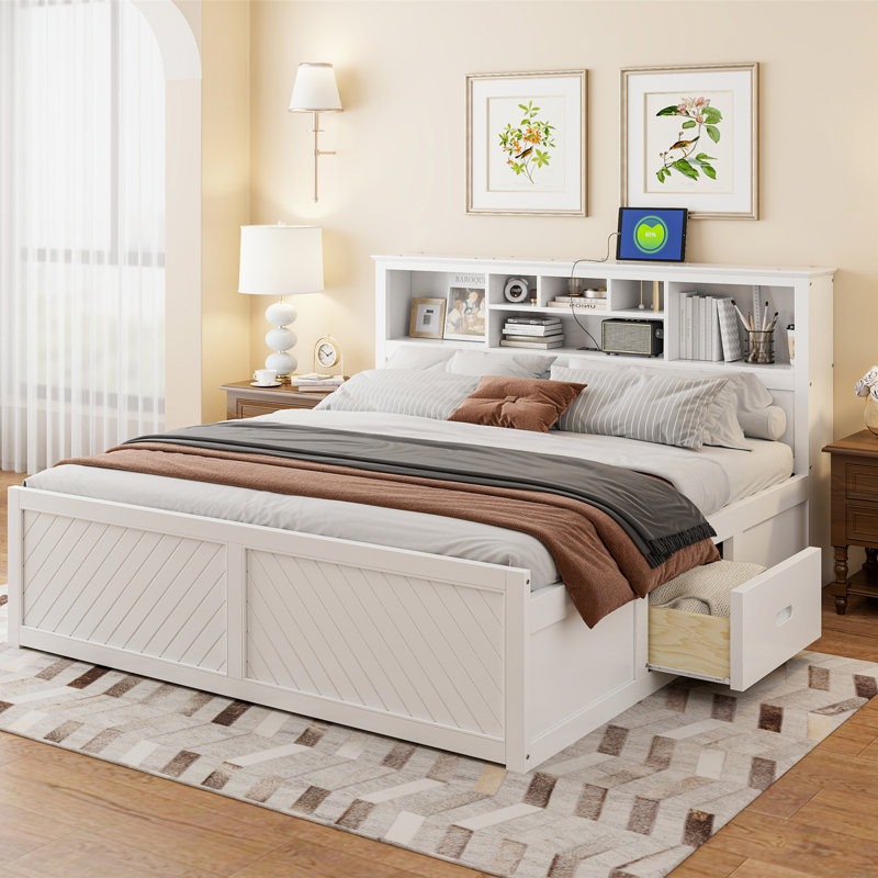 Lit plateforme très grand avec tête de lit multi-rangement USB et tiroirs, Blanc