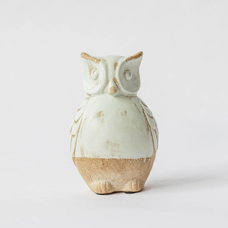Figurine rustique hibou vert clair et beige