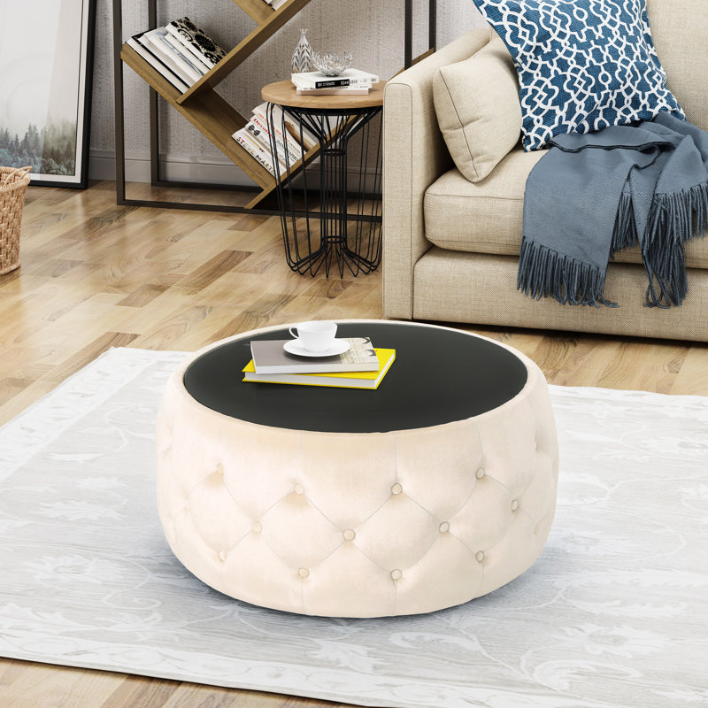 Velours beige avec plateau en verre trempé exquis et moderne, 30 x 30 x 14,5 boutons élégants - détails en verre, style