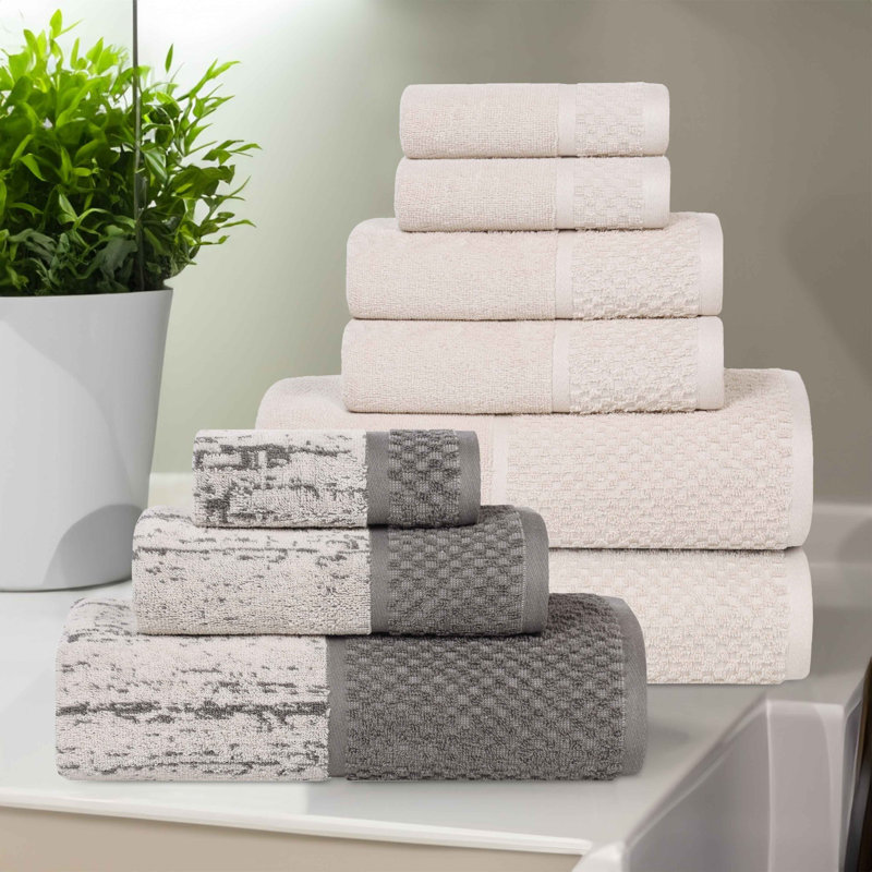 Lodie Cotton Plush Soft Absorbent Jacquard Solid and Two-Toned 9 Piece Towel Set, Ivory/Charcoal