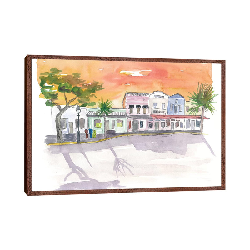 Shops On Duval St Key West Fl by Markus & Martina Bleichner - Painting on Canvas, Classic Brown Wood Floater Framed