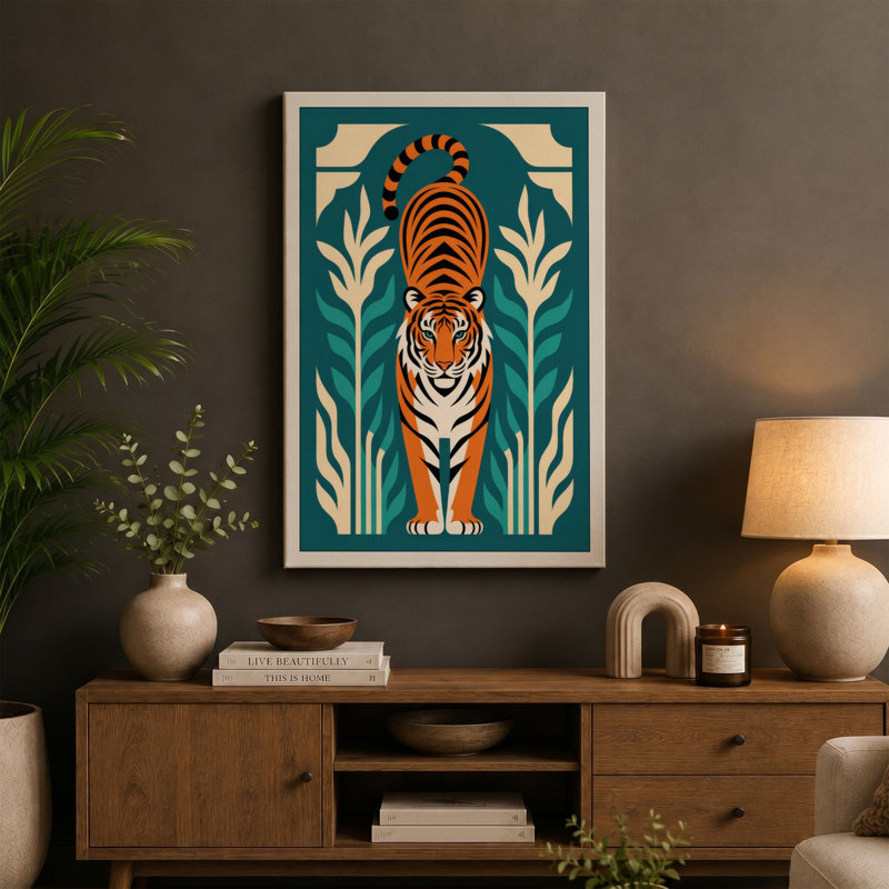Tiger in Symmetry Art Deco - Wrapped Canvas, 30x20 - 76.2 x 50.8 cm, Teal Border
