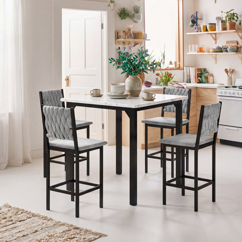 Ensemble 5 pièces de table de salle à manger carrée, mobilier de table de cuisine moderne de style Mid-Century pour la salle à manger, coin-repas, plateau compact avec panneau de particules, 4 chaises rembourrées en velours, structure en métal