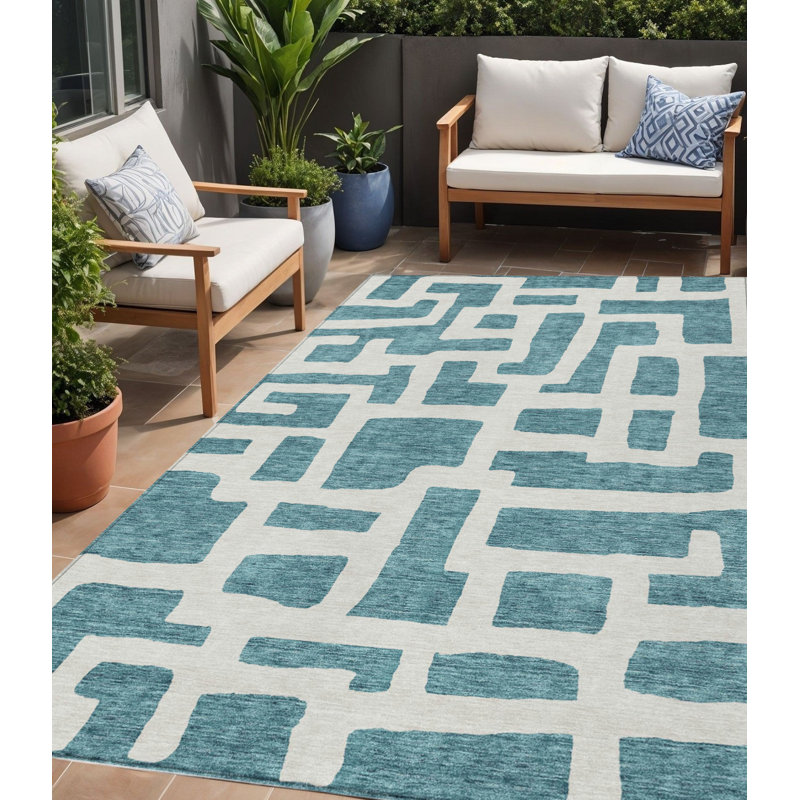 Tapis d'extérieur lavable abstrait bleu sarcelle et ivoire 5 pi x 8 pi