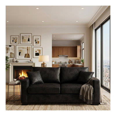 Canapé 69 po Mid-Century moderne à deux places avec revêtement en tissu texturé noir