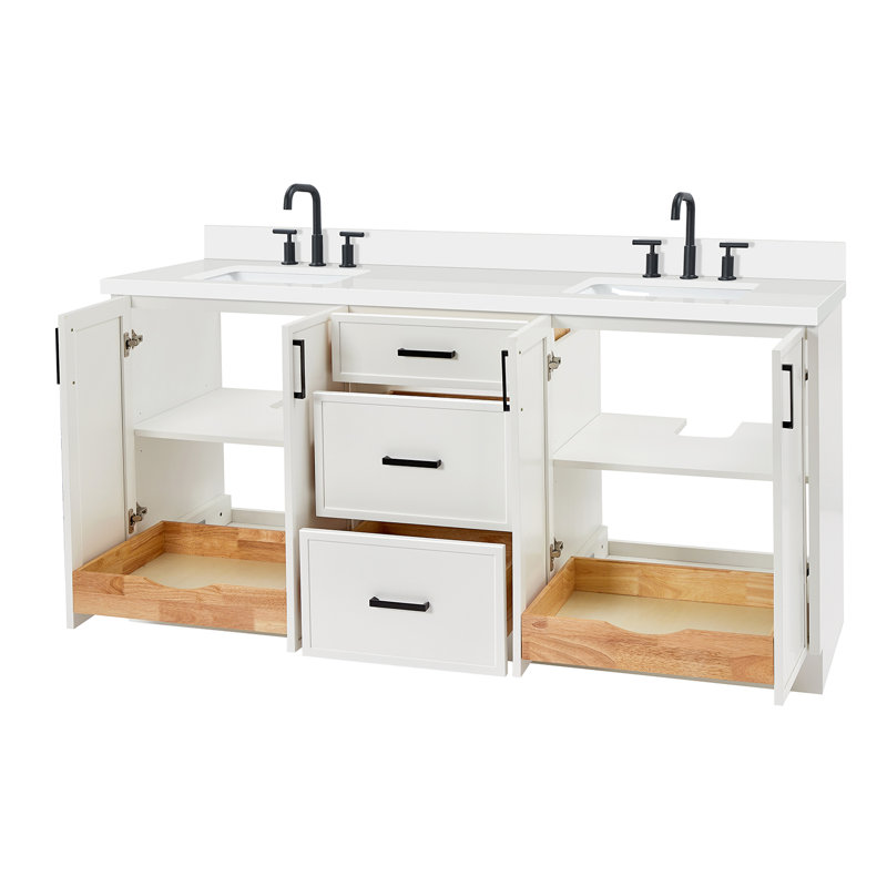 ARIEL Kelly 73 Double Sink Bathroom Vanity with Pure Quartz Top, White, Rectangular, Pure White Quartz