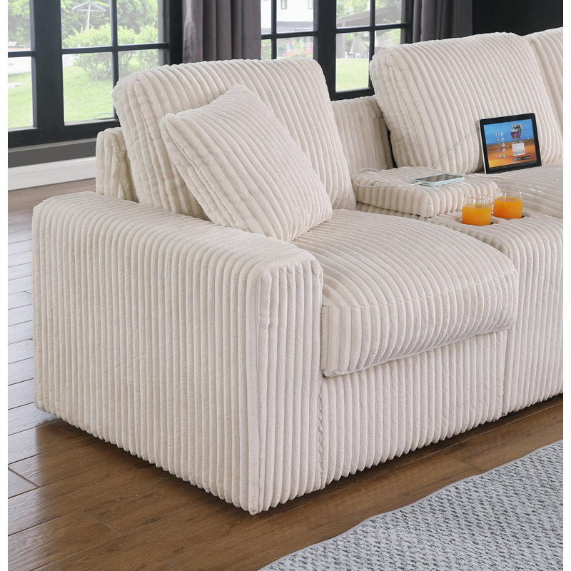Deantrei Corner Sectional Sofa With Cupholder Console With A Corner Table With USB Port And An Ottoman, Beige Polyester