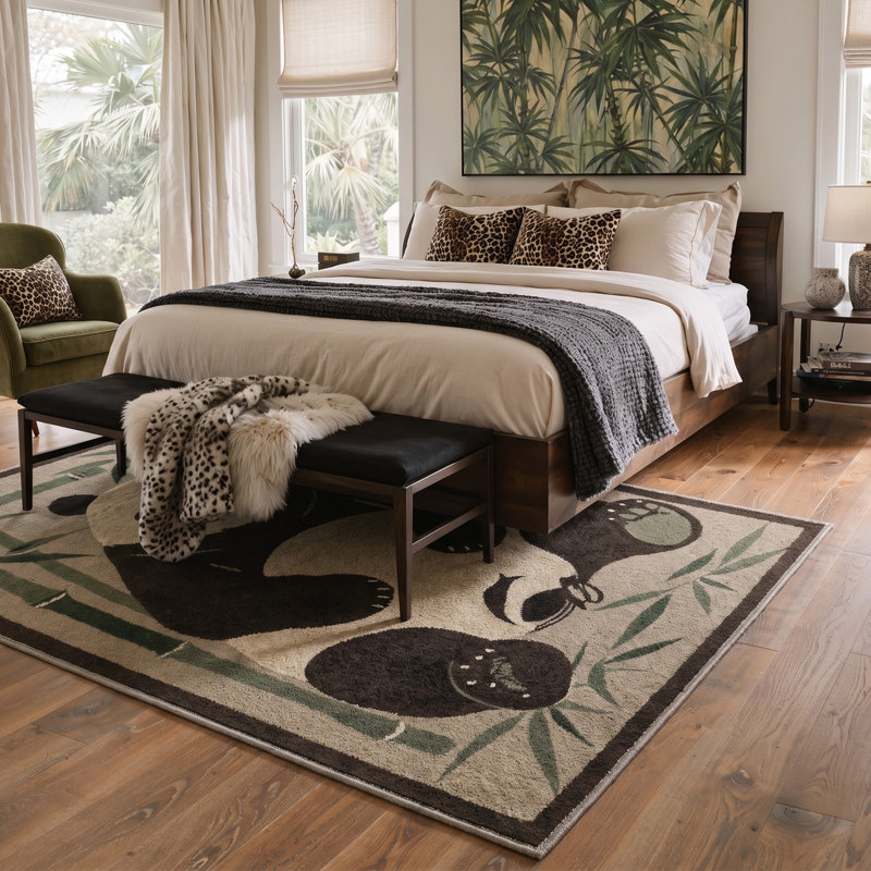 Tapis ivoire / noir à motif animal lavable à la machine avec envers antidérapant, Rectangle 6 pi x 9 pi