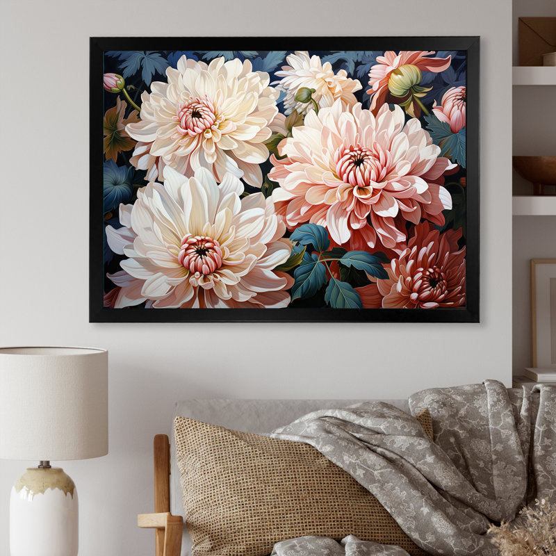 Chrysanthèmes rose et blanc collage I - décoration murale de chrysanthèmes, H 30 po x l 40 po x P 1,5 po, Cadre simple noir