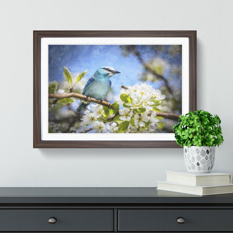 Blue Bird & Cherry Blossom Tree Painting 1 Piece Single Picture Frame Wall Art on MDF, 45cm H x 33cm W x 2cm D, Walnut