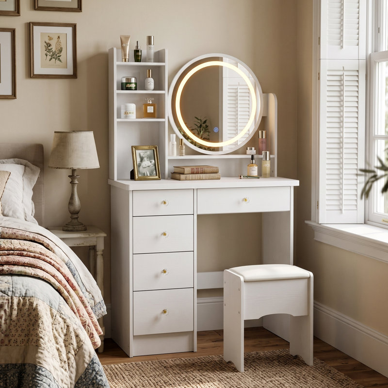 31.5" W Makeup Vanity Set with 3-Color LED Lighted Mirror, 5 Drawers and Upholstered Stool, White