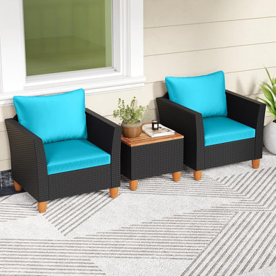 Ensemble de conversation de patio 3 pièces avec table basse de rangement, ensemble de meubles de patio en osier de rotin avec coussins, ensemble de canapé d'extérieur en bois d'acacia pour balcon