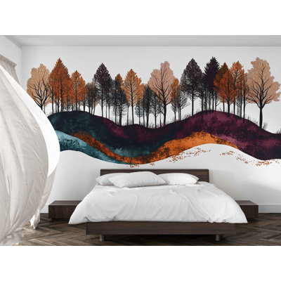 Murale forêt, papier peint paysage coloré, art mural bois moderne, décor de chambre à coucher nature, adhésif mural arbre 483Mv