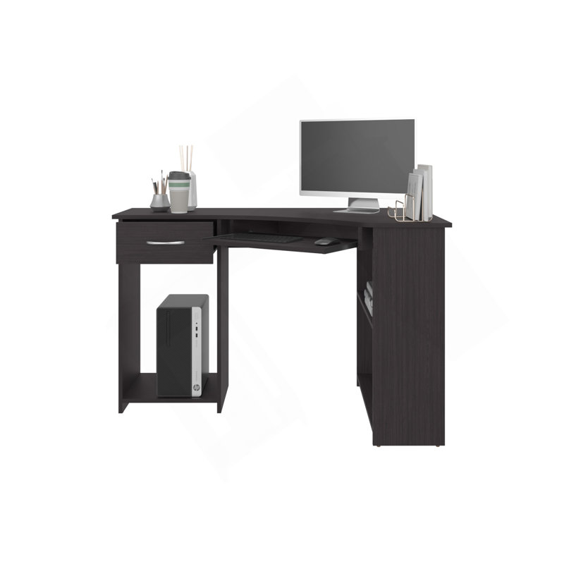 Bureau en coin Jasper, design en forme de L peu encombrant avec deux tablettes latérales, noir et noyer foncé