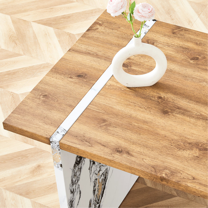 Table de salle à manger pour 4 personnes, table 55 po x 31,5 po, texture bois, chaises blanches, coussins antidérapants grain naturel avec éponge confortable en forme de losange de style moderne