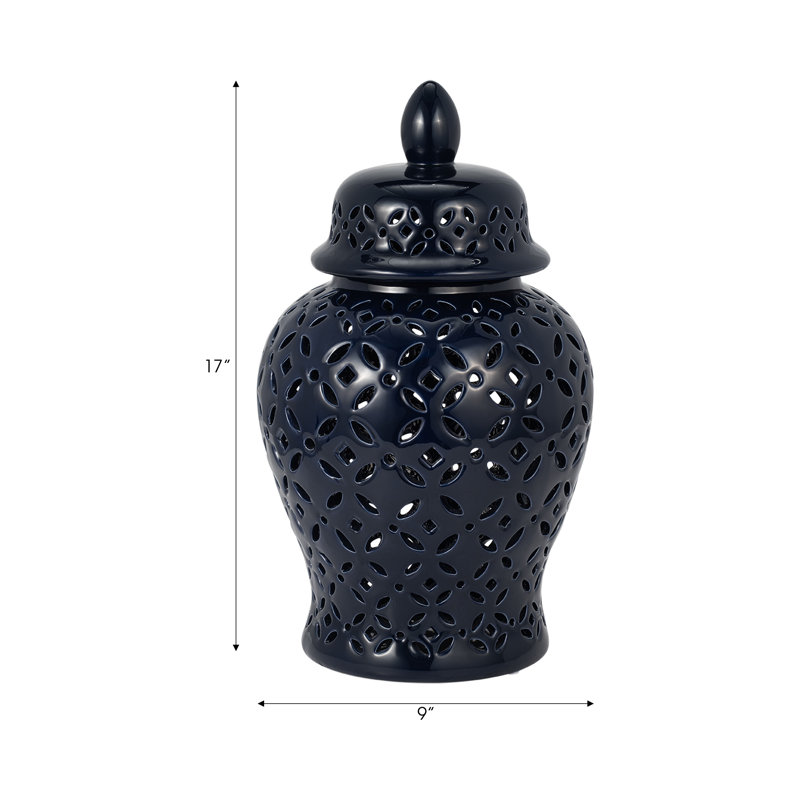 Neutral Ceramic Temple Ginger Jar, 17" H x 9" W x 9" D, Blue