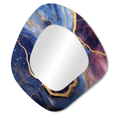 Burchett Blue and gold Abstract Marble Essence I - Marble Asymmetrical Decorative Mirror, Blue Unique Shape Wall Mirror, Printed Metal Art