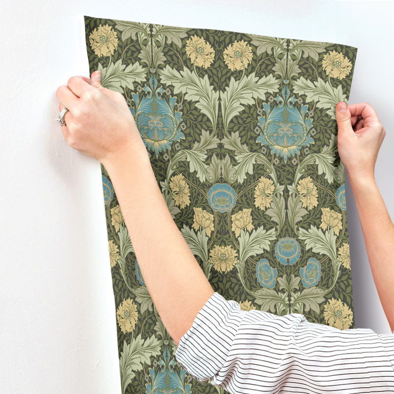Myrtle Dark Green Floral Ogee Wallpaper, Green/Beige