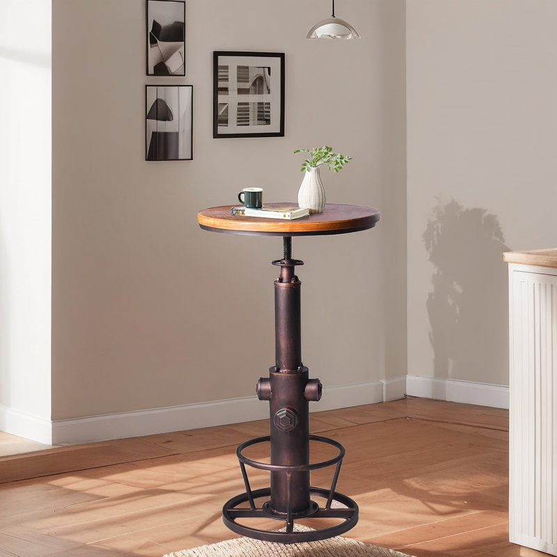 Industrial Bar Table 38.6"-44.5" Height Adjustable Swivel Round Wood Tabletop 23.6" Dia, Kitchen Dining Office Coffee Bistro Pub Table