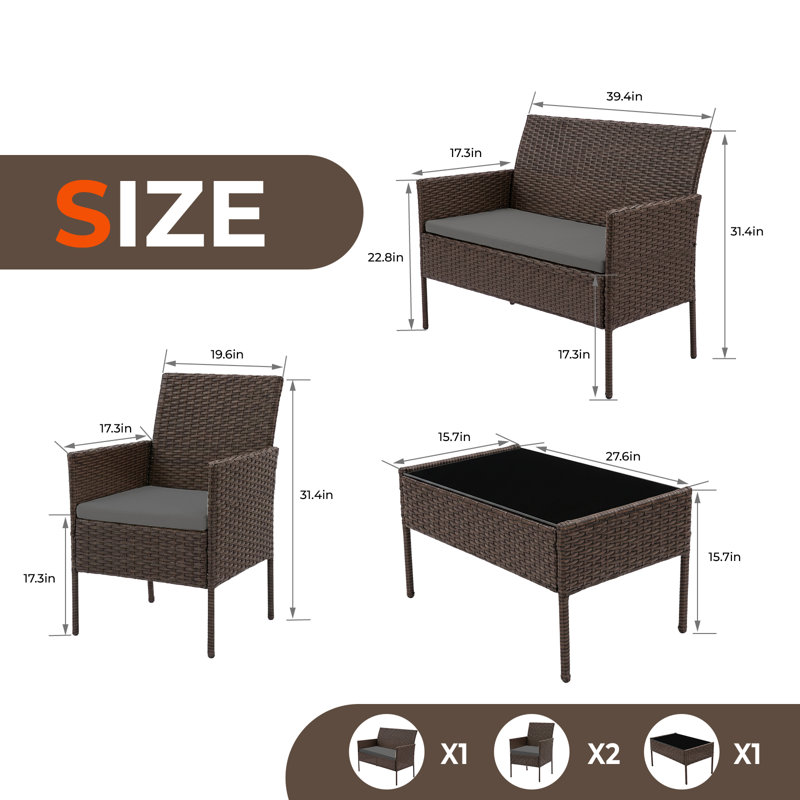 Ensemble de meubles de patio en rotin PE 4 pièces avec table basse en verre et coussins lavables, Gray, Brown