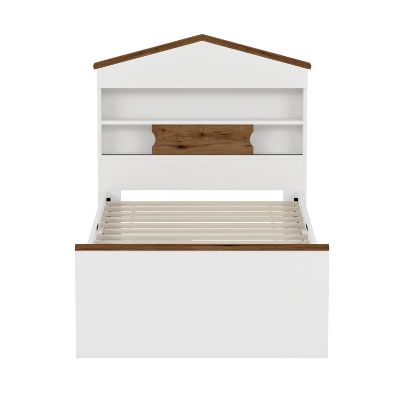 Twin Size House-Shaped Wooden Bed with Storage Shelf on the Headboard, Built-in Two Storage Drawers, Brown