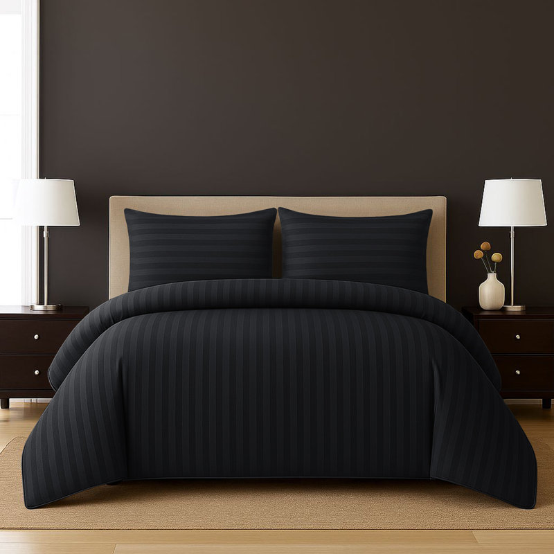 Haffa Microfiber Striped Duvet Cover Set with Pillowcases Included, Black, Double Duvet Cover + 2 Standard Pillowcases