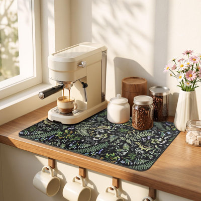 Tapis égouttoir à vaisselle 44,5 x 75 cm, motif de feuilles de fougère | Plante verte sauge vintage, ultra absorbante, séchage rapide, résistante à la chaleur, pour évier, comptoir ou bar.