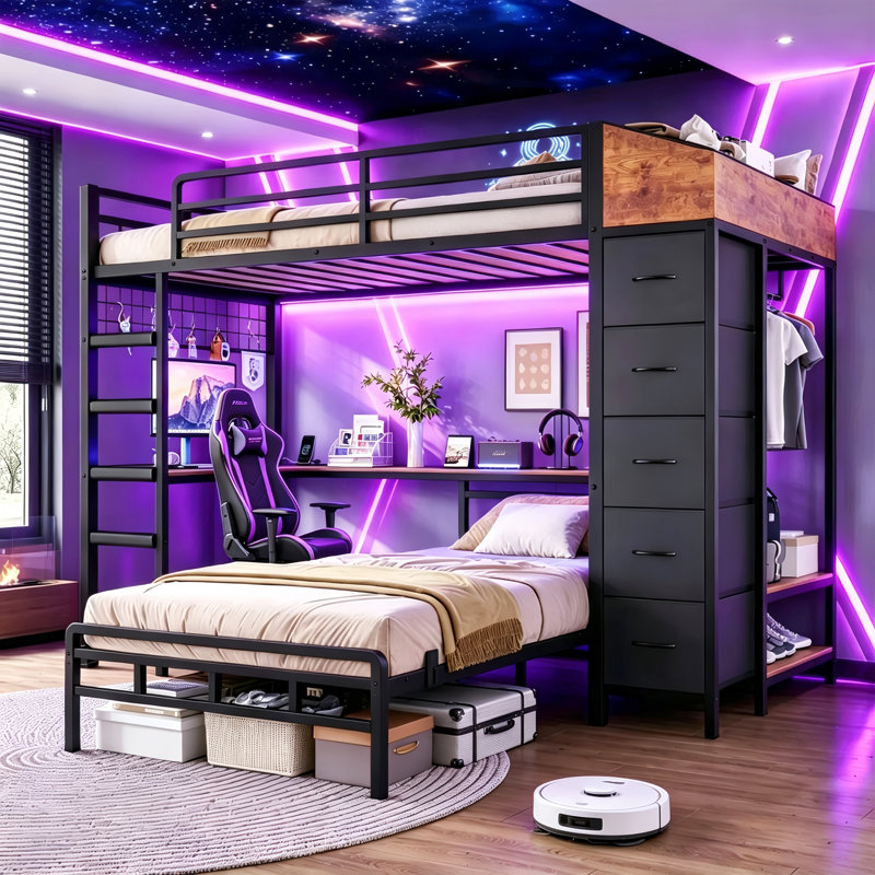 Bunk Bed with Desk and Storage Hall Tree & 5 Drawers, Black