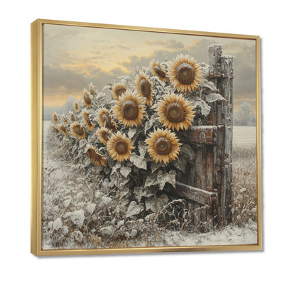 Champ de tournesols d'hiver à Djavon, clôture de grange I - art mural tournesols
