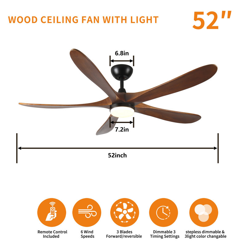 Ventilateur de plafond à 5 pales en bois massif de 52 pouces