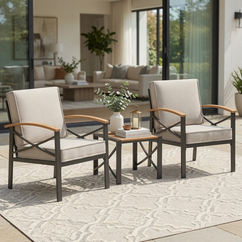 Ensemble de conversation de patio 3 pièces avec 2 sièges et coussins, Beige