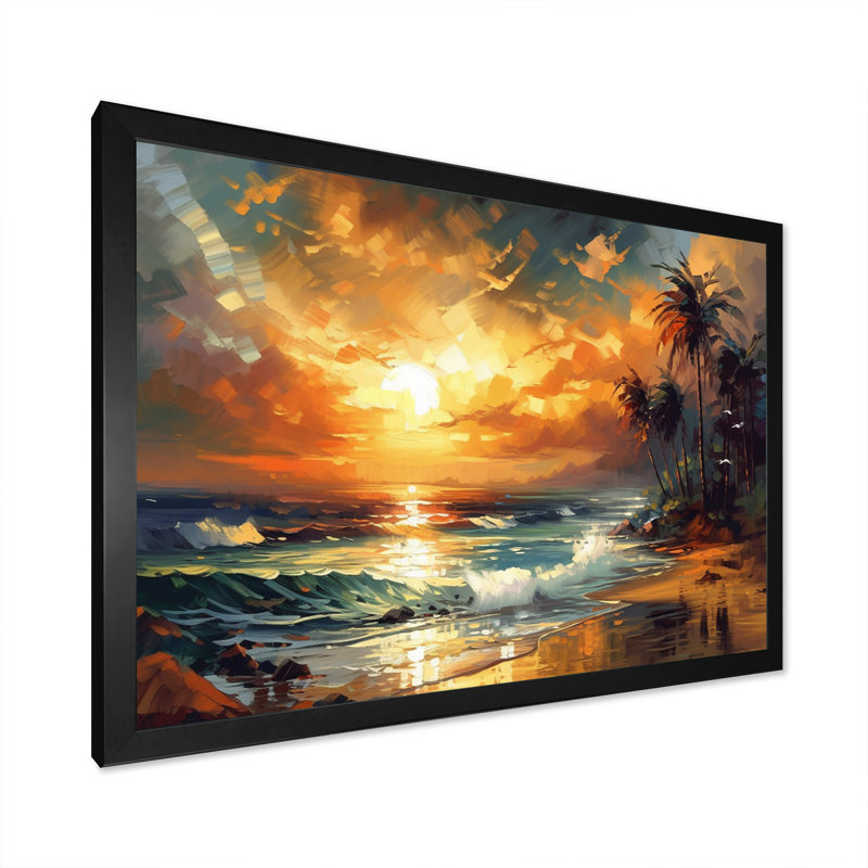 Orange et vert Shimmering Shores I - Beach Wall Art Living Room, H 12 po x l 20 po, Impression noire sur toile encadrée