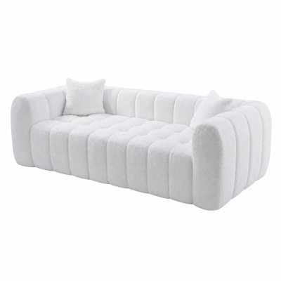 102.7" Oversized Boucle Cloud Sofa, 4-Seater Compressed Sofa with 2 Cushions, Upholstered Marshmallow Couch, Deep Seat No-Assembly Foam Sofa for Living Room, Apartment & Condo（White）