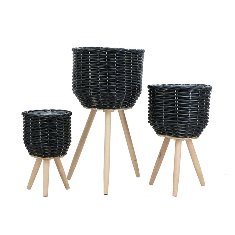 Set of 3 Poly Rattan Baskets with Rope Texture and Tapered Wooden Legs, L:12x12x23.5" M:10x10x17.5" S:8x8x13.5", Black