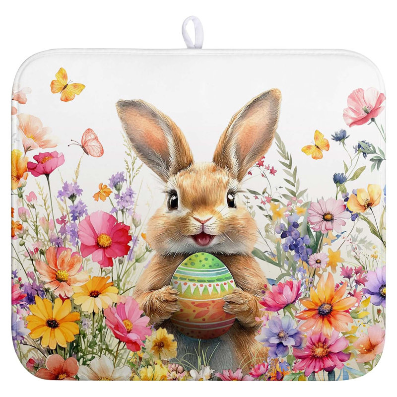 Easter Bunny Rabbit Eggs Flowers Microfiber Dish Drying Mat Absorbent Kitchen Countertop Tableware Decor
