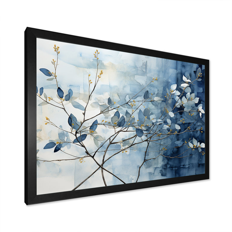Art mural bleu et gris sur une branche I - Feuilles, Cadre simple noir, H 24 po x l 32 po x P 1 po