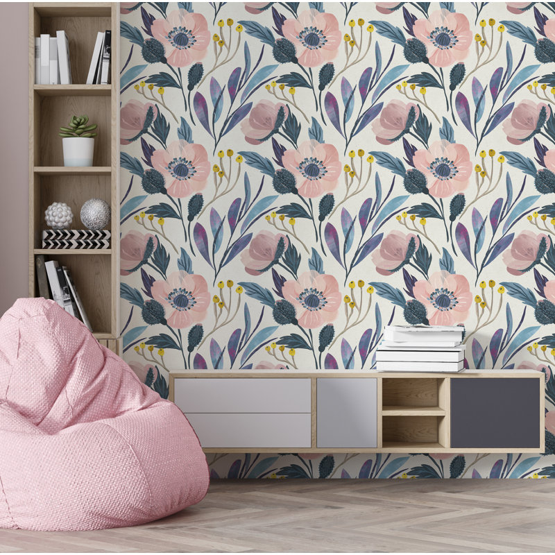 Papier peint adhésif floral mauve, l 24 po x L 75 po