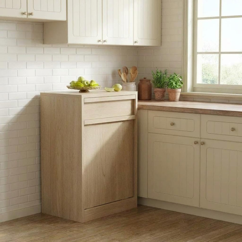 Armoire à poubelle en bois à double basculement double, organisateur de poubelle avec tiroir de rangement 20 gallons, naturel