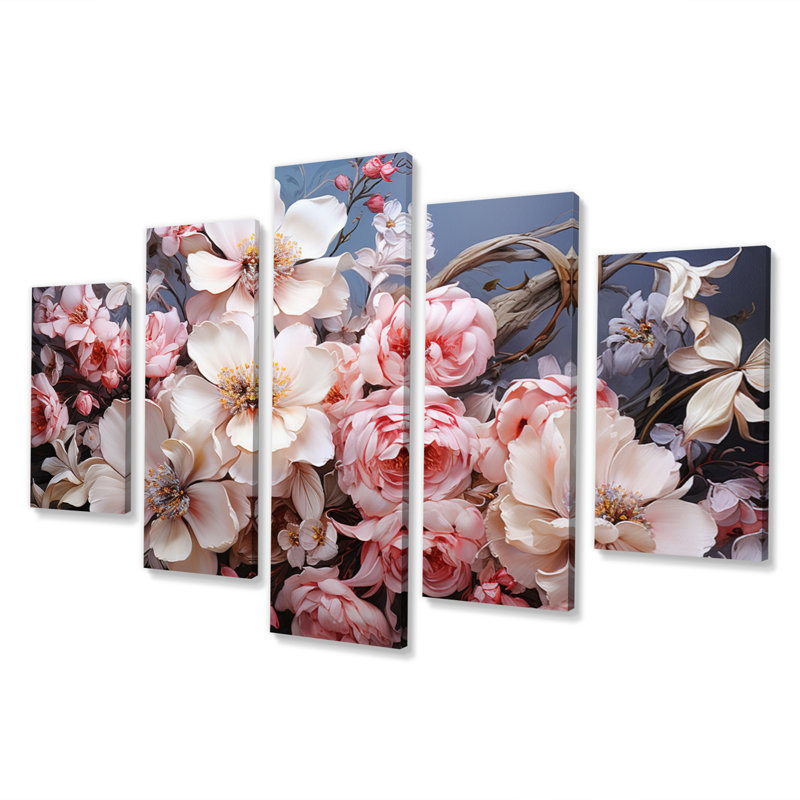 Couronne rose, impression romantique IV - art mural floral, salon - 5 panneaux
